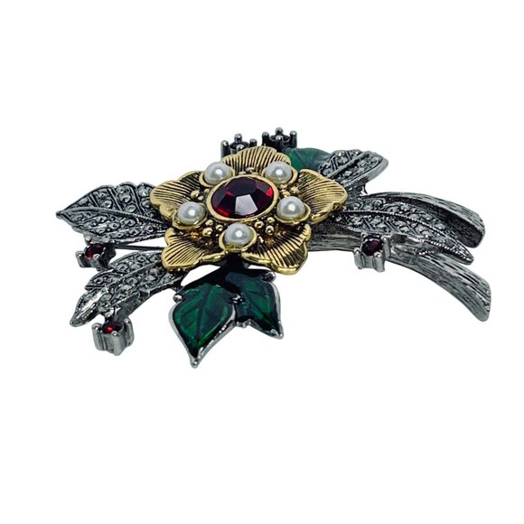 Avon Rhinestone, Faux Pearl, Silver And Gold Tone Poinsettia Brooch (5843) - Picture 4 of 4